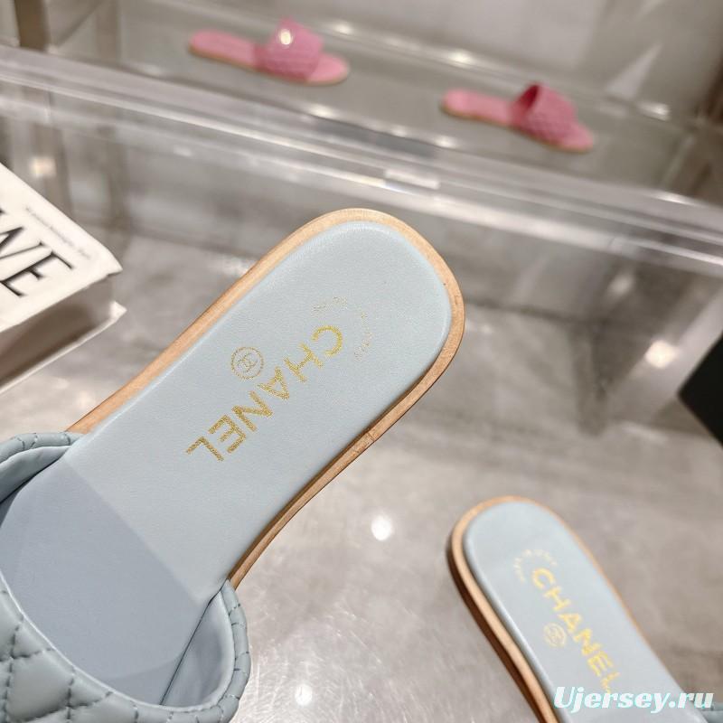2025 Women Chanel Light Blue Lambskin Slippers