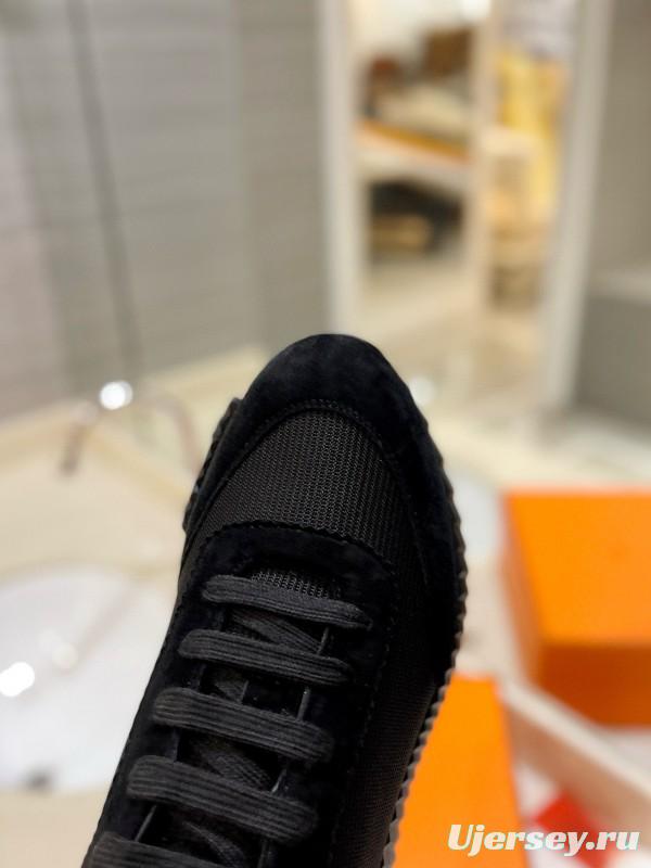 2024 Unisex Hermès Black Imported Glossy Goat Suede Rainproof Fabric Casual Sneakers MJ00320