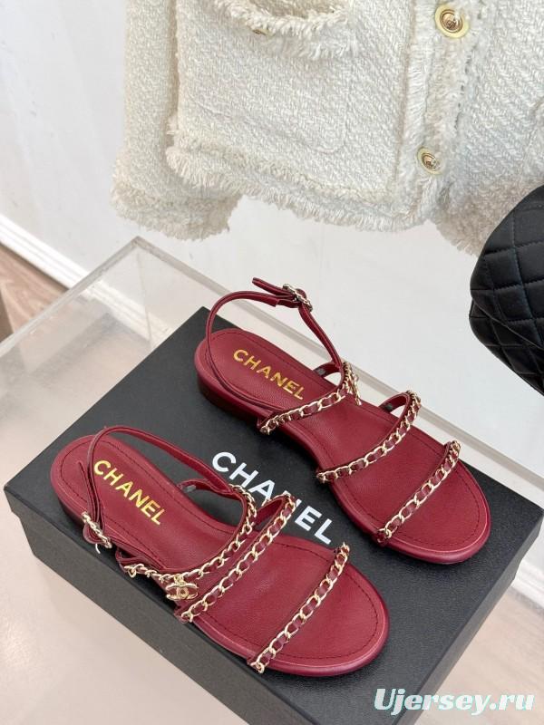 2025 Women Chanel Red Lambskin Chain Strap Sandals