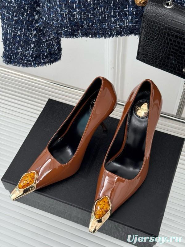 2024 Women Yves Saint Laurent Brown Patent Leather High Heels Metal Tip MJ00330