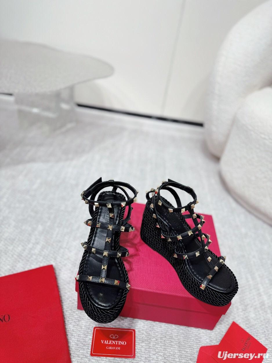 2025 Women Valentino Black Leather Studded Wedge Sandals