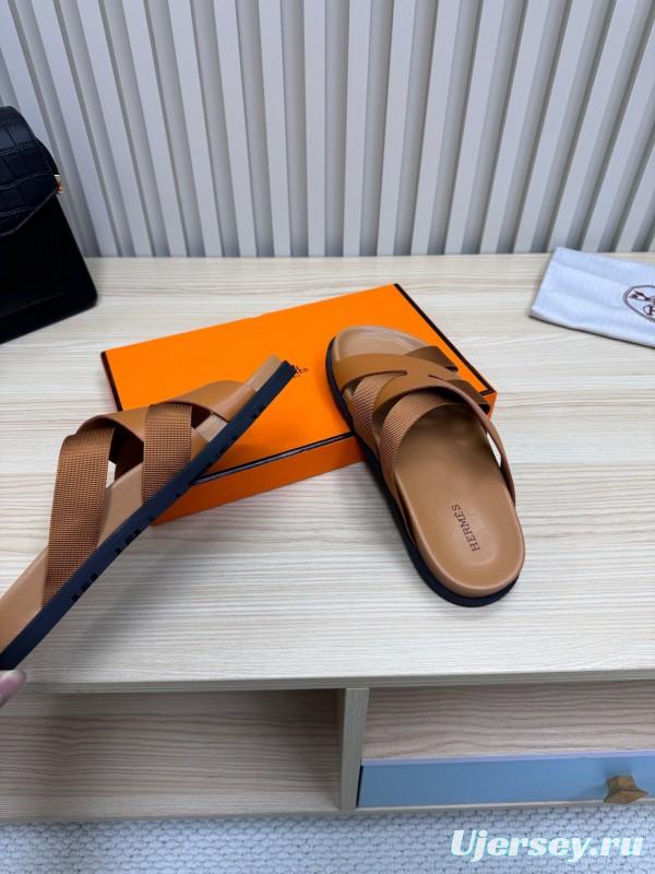 2025 Men Hermès Brown Leather Slippers