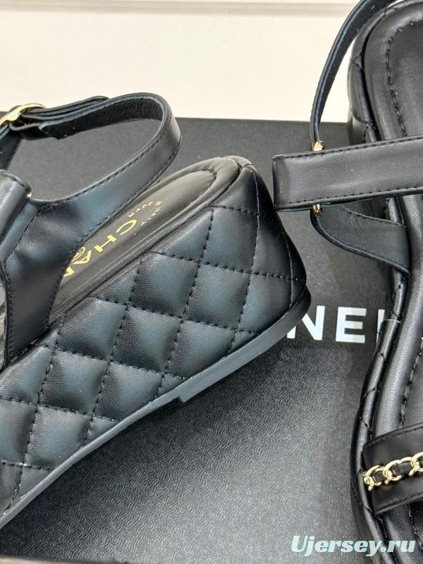 2025 Women Chanel Black Lambskin Platform Sandals Chain KFY00270