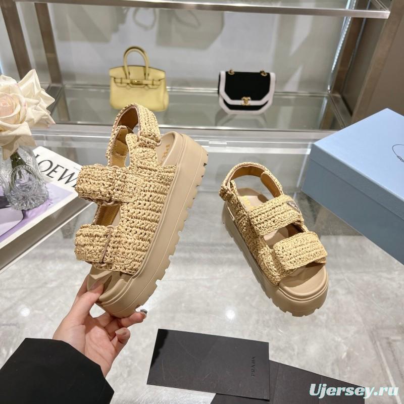 2025 Women Prada Beige Woven Leather Platform Sandals
