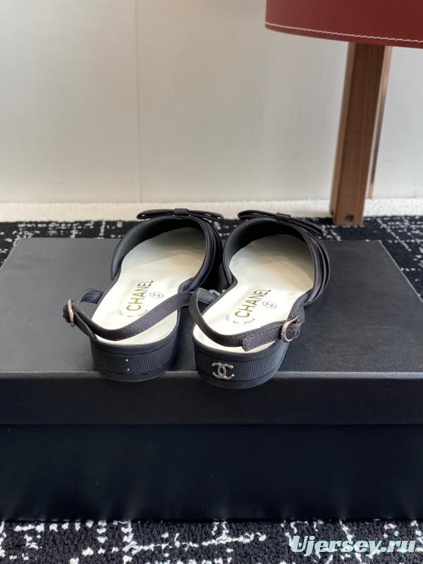 2025 Women Chanel Black Satin Silk Leather Sandals Bow KFY00289