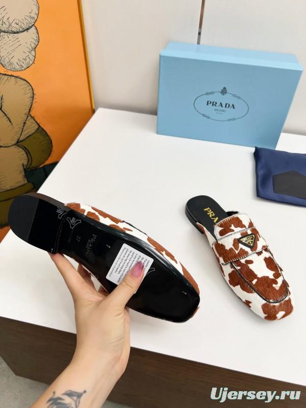 2025 Women Prada Brown White Calf Hair Leather Slippers LY00260