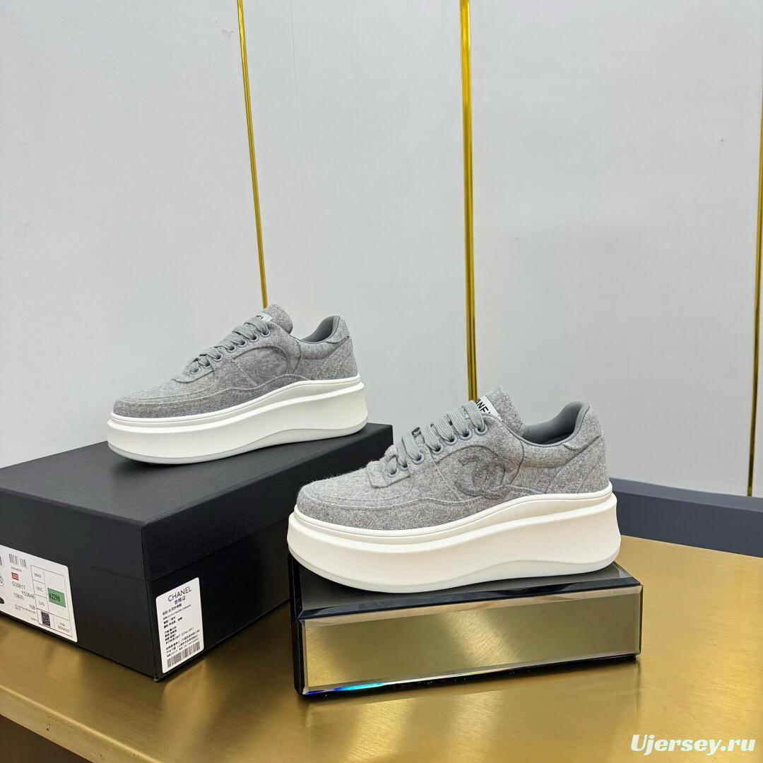 2025 Women Chanel Grey Wool Platform Sneakers