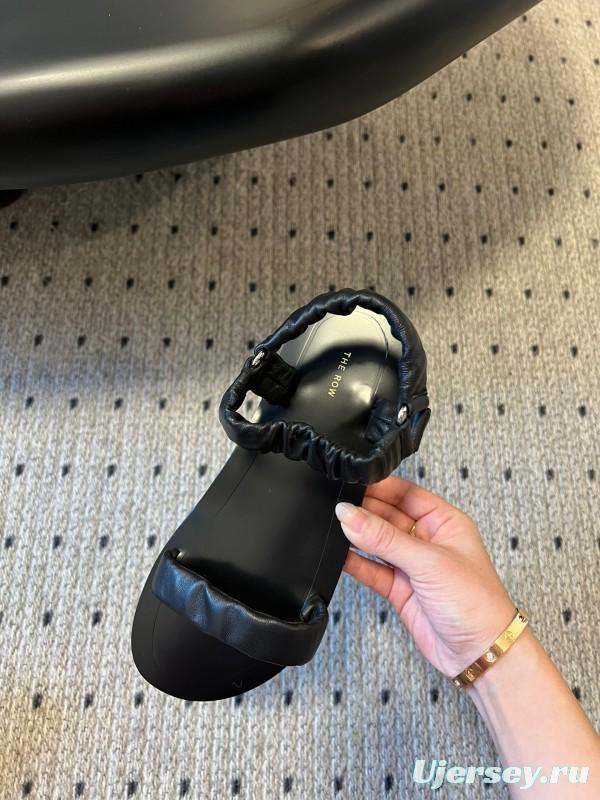 2025 Women The Row Black Leather Flat Sandals KFY00270