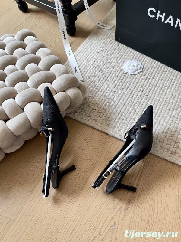 2025 Women Chanel Black Leather Slingback Bowknot Pumps KFY00320