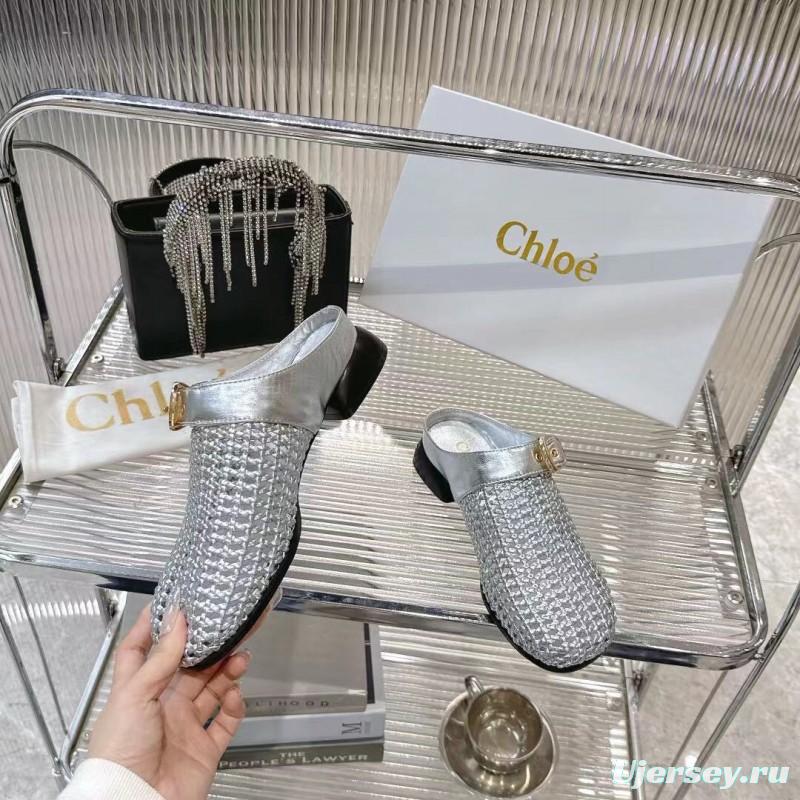 2025 Women Chloé Silver Leather Woven Slippers
