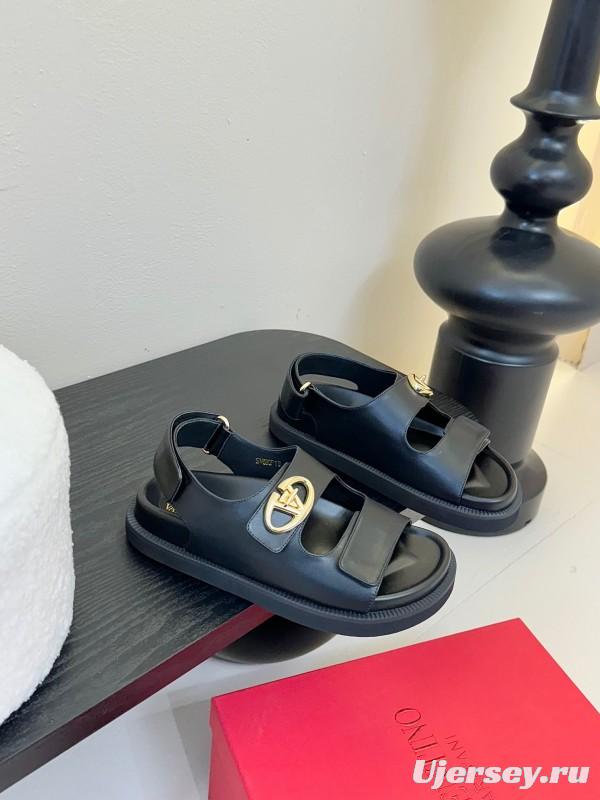 2025 Women Valentino Black Leather Sandals V Buckle KFY00320