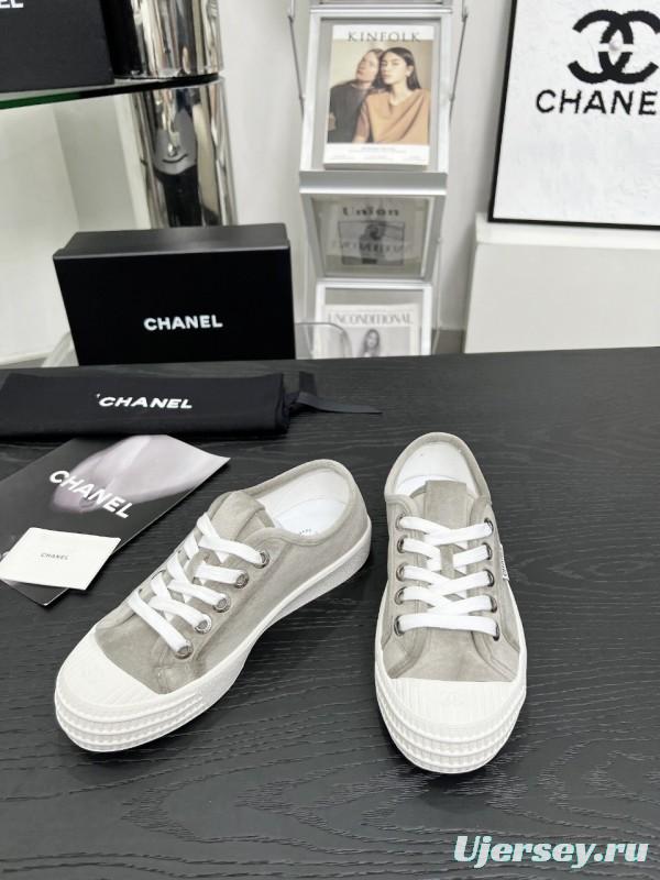 2025 Women Chanel Grey Canvas Leather Casual Sneakers LY00230