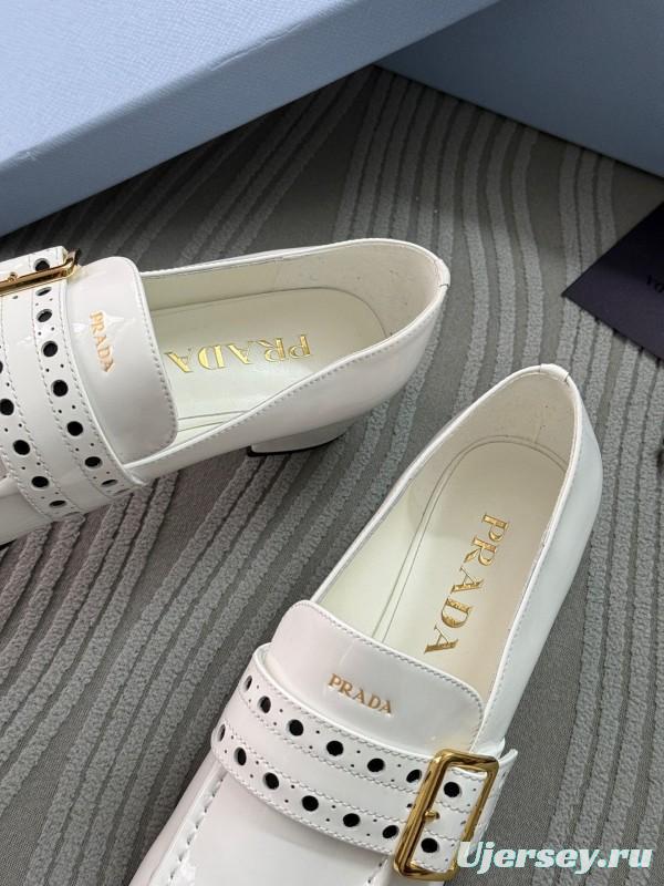 2025 Women Prada White Leather Loafers KFY00320