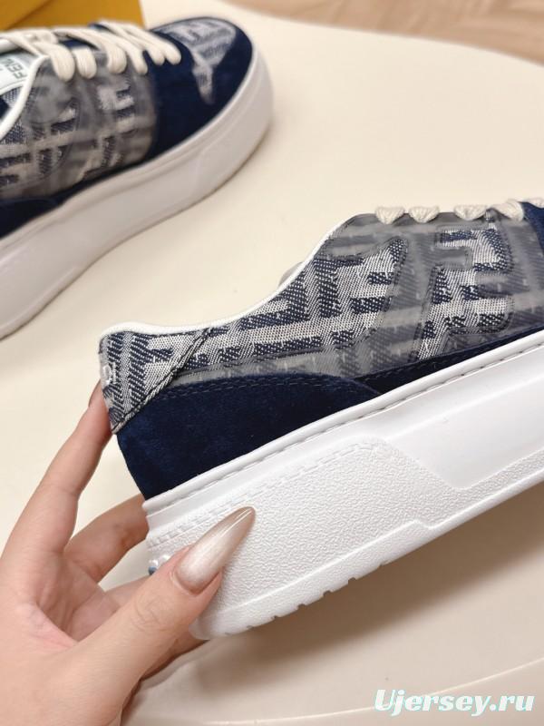 2025 Women Fendi Navy Grey Leather Canvas Sneakers LY00340