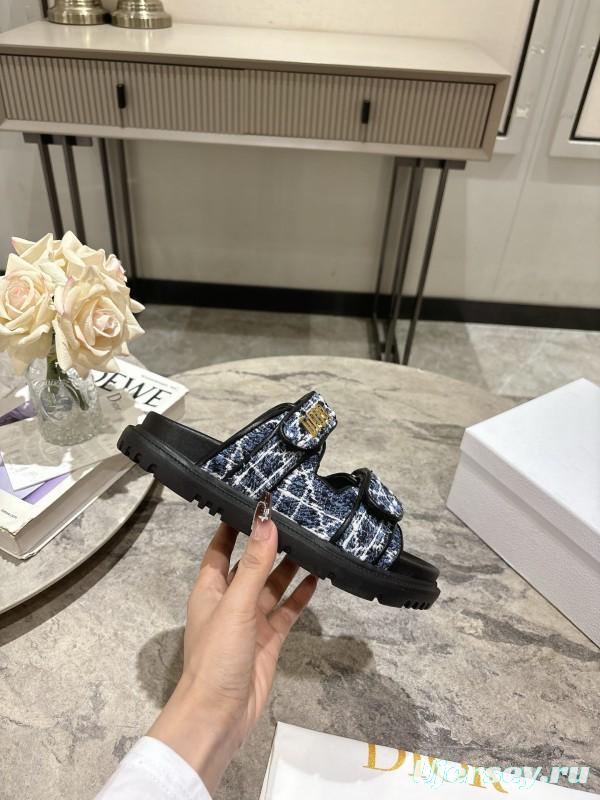 2025 Women Dior Black Blue Fabric Sandals KFY00300