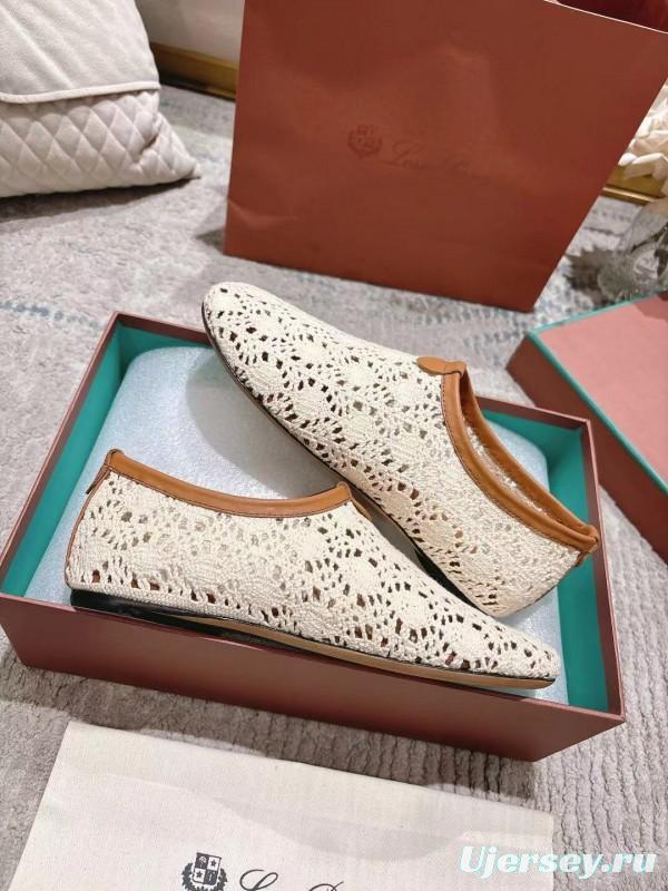 2025 Women LP Beige Brown Leather Crochet Ballet Flats