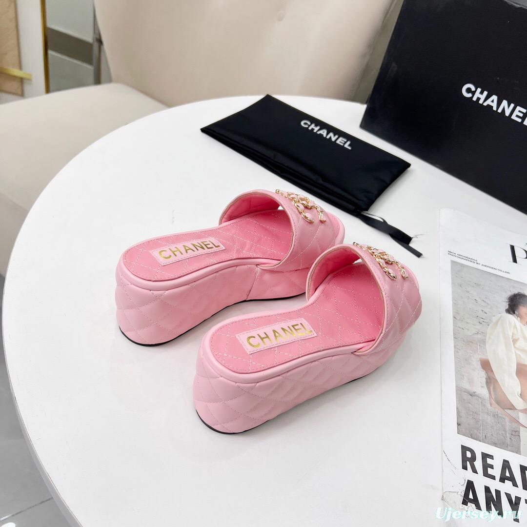 2025 Women Chanel Pink Leather Platform Sandals LY00240