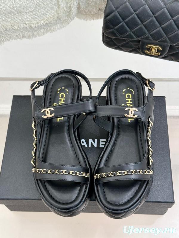 2025 Women Chanel Black Lambskin Platform Sandals Chain KFY00270