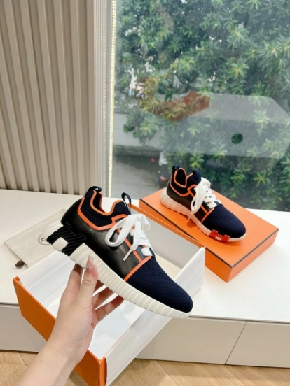 2024 Unisex Hermès navy orange knit leather sneakers