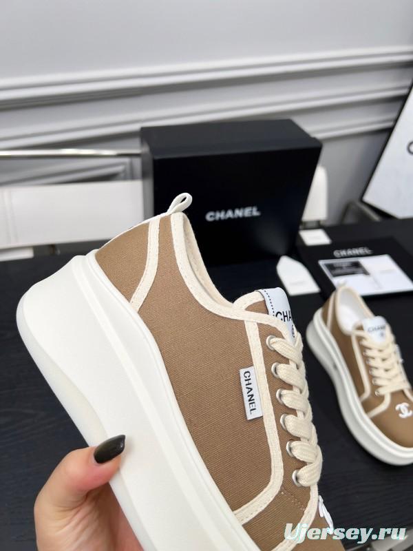 2025 Women Chanel Beige Canvas Leather Sneakers Collaboration LY00250