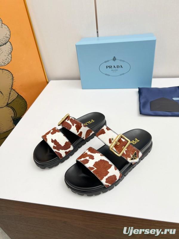 2025 Slippers Prada Brown White Leather Cow Print LY00260