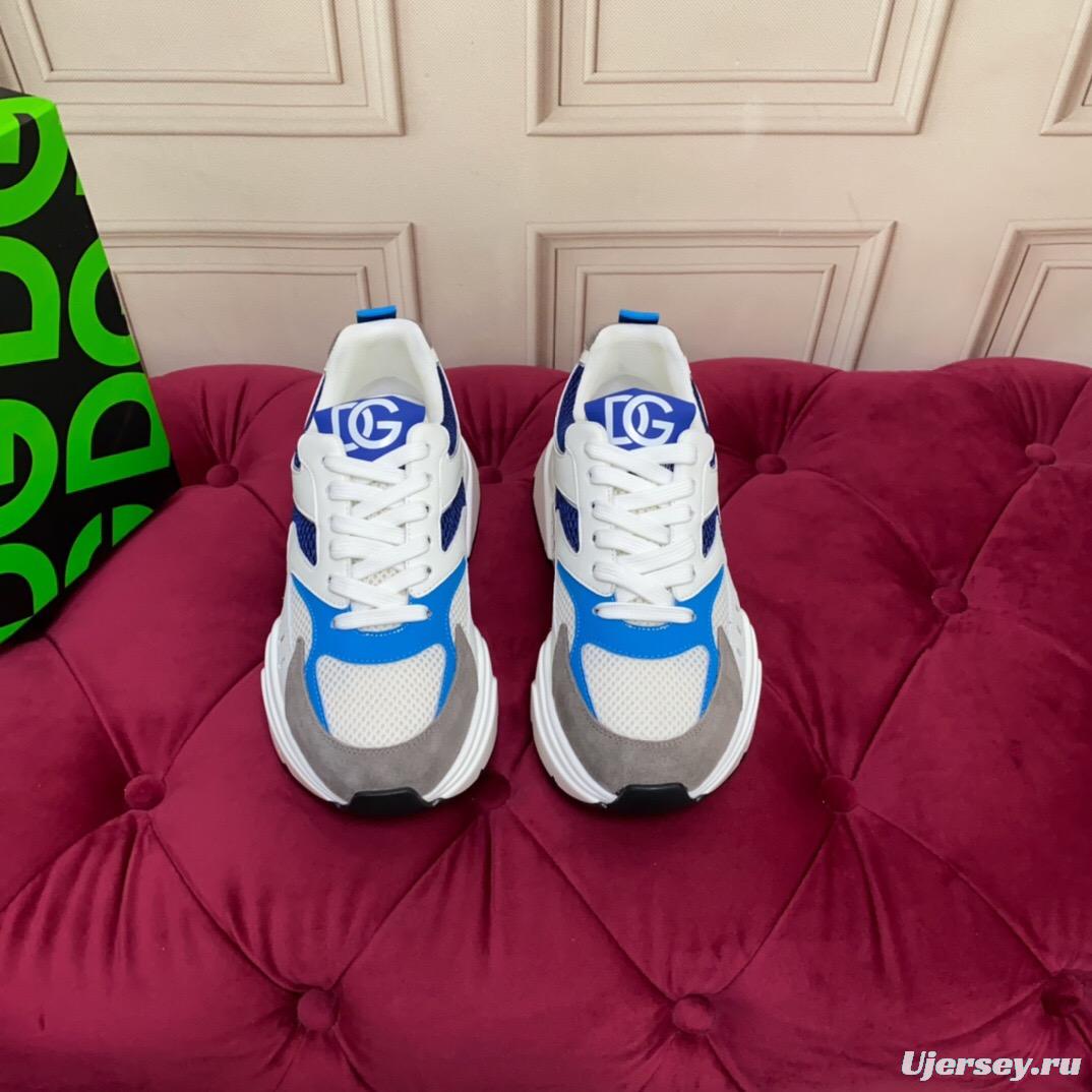 2025 Unisex Dolce & Gabbana White Blue Grey Mesh Leather Sneakers LY00330(F)/LY00340(M)