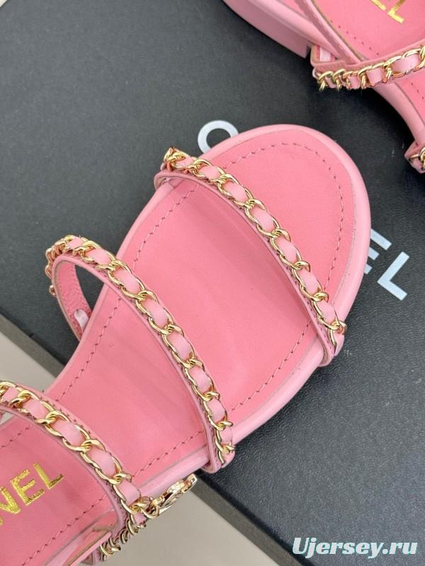 2025 Women Chanel Pink Leather Chain Strap Sandals