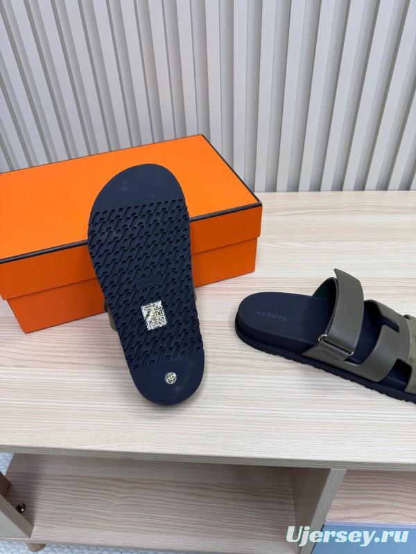 2025 Women Hermès Khaki Black Leather Slippers