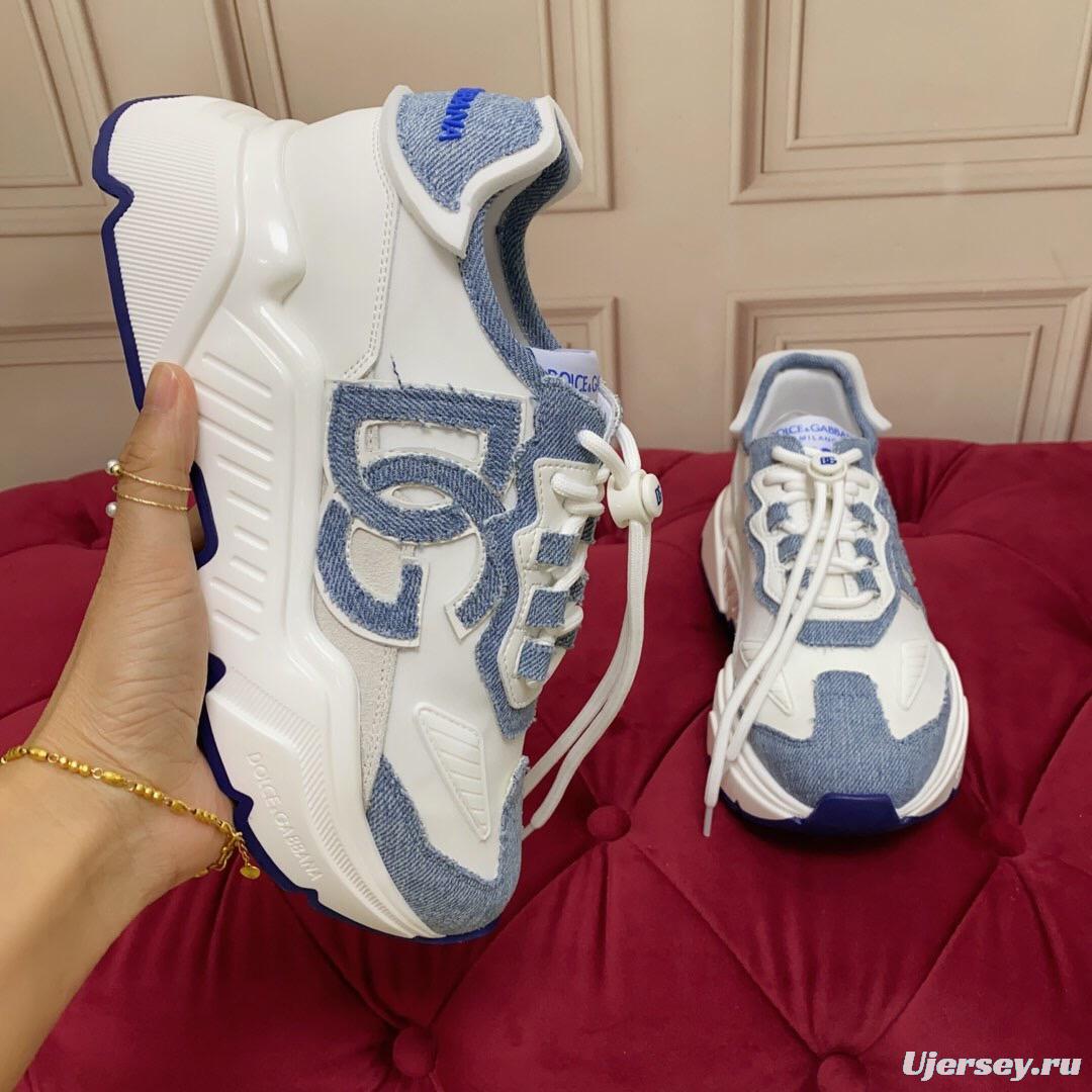 2025 Unisex Dolce & Gabbana White Blue Silk Leather Sneakers Exclusive Craft LY00330(F)/LY00340(M)