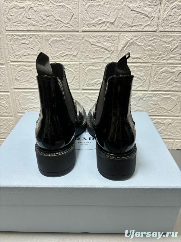 2024 Women Prada Black Patent Leather Ankle Boots MJ00360