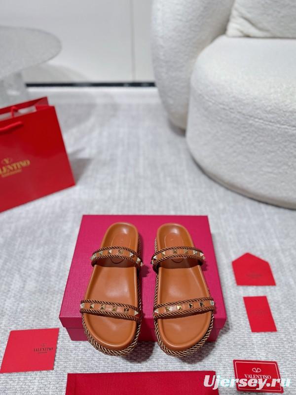 2025 Women Valentino Brown Leather Sandals Rope Braided LY00250