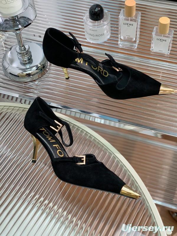2025 Women TOM FORD Black Gold Suede Leather Pointed Pumps KFY00320