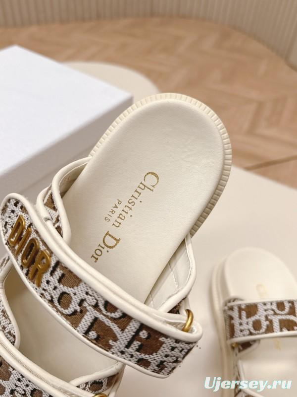 2025 Women Dior Brown Beige Canvas Leather Sandals LY