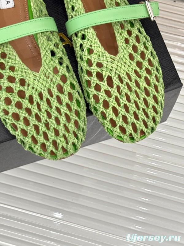 2025 Women AlAIA Green Leather Mesh Mary Jane