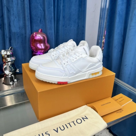 2025 Unisex Louis Vuitton White Calf Leather Mesh Trainer TPU Plimsolls Goodyear Welt