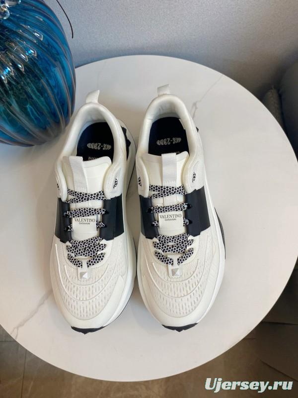2024 Unisex Valentino White Black Leather Mesh Sneakers 