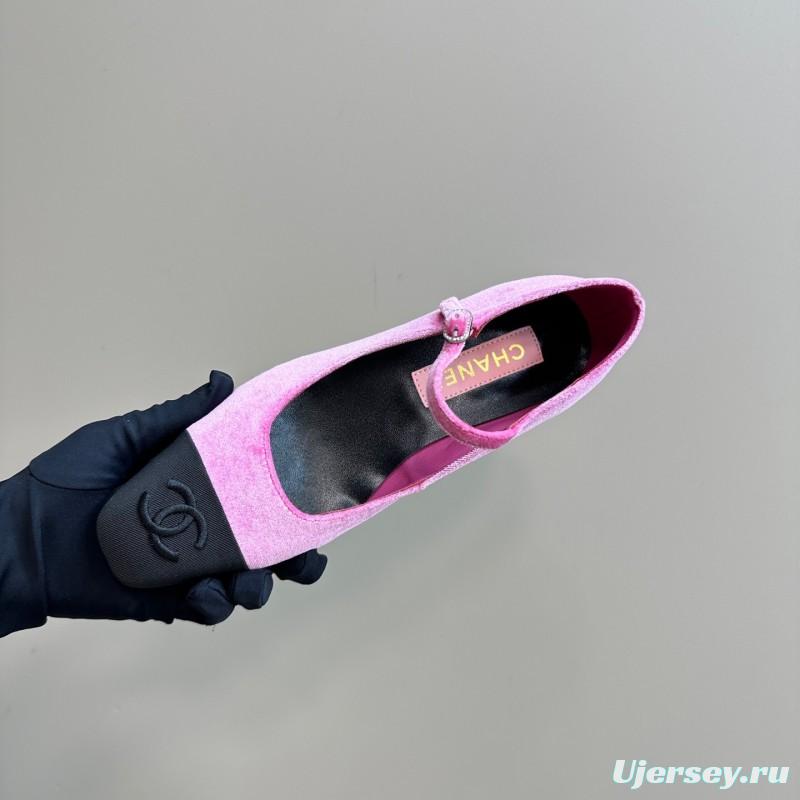 2025 Women Chanel Pink Black Velvet Mary Jane Shoes