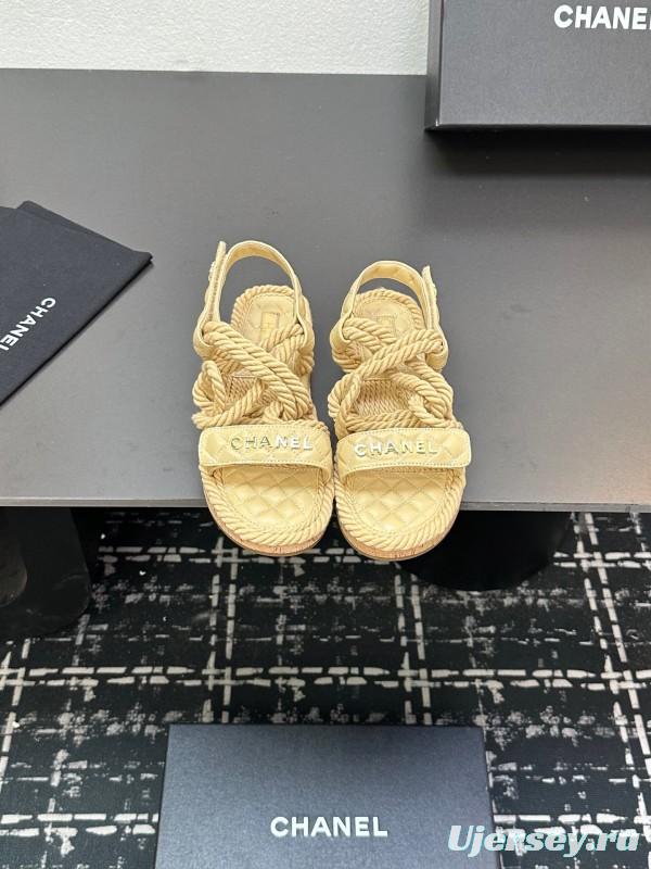 2025 Women Chanel Beige Rope Leather Slingback Sandals