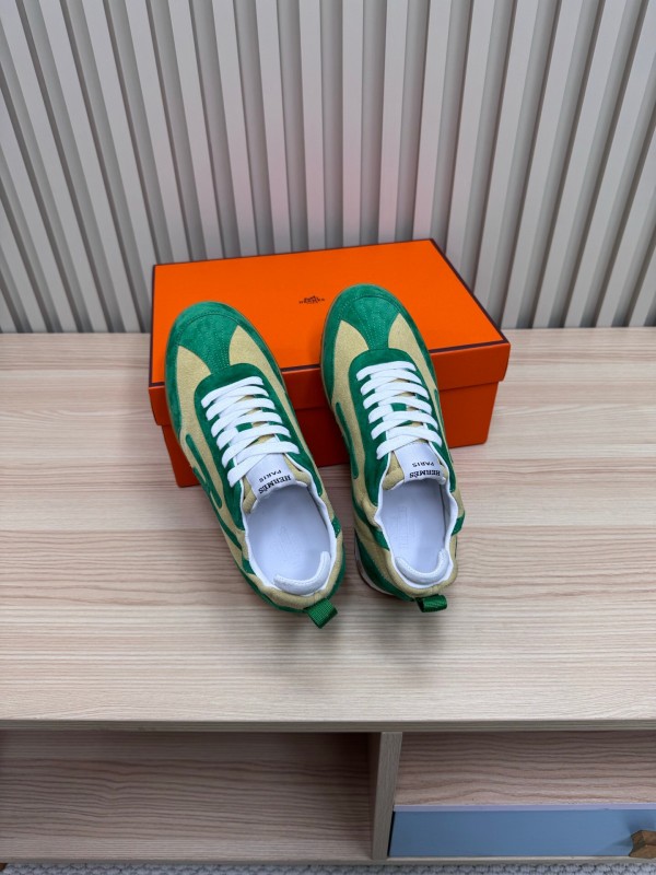 2025 Unisex Hermès Green Beige Suede Down Fabric Sneakers Top Version KFY00300