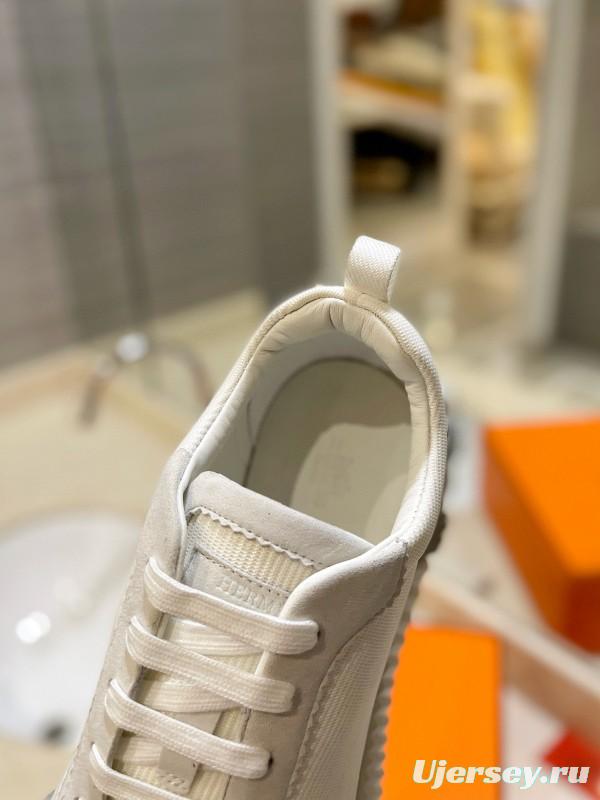 2024 Unisex Hermès White Cream Imported Silky Goat Suede Nylon Sneakers MJ00320