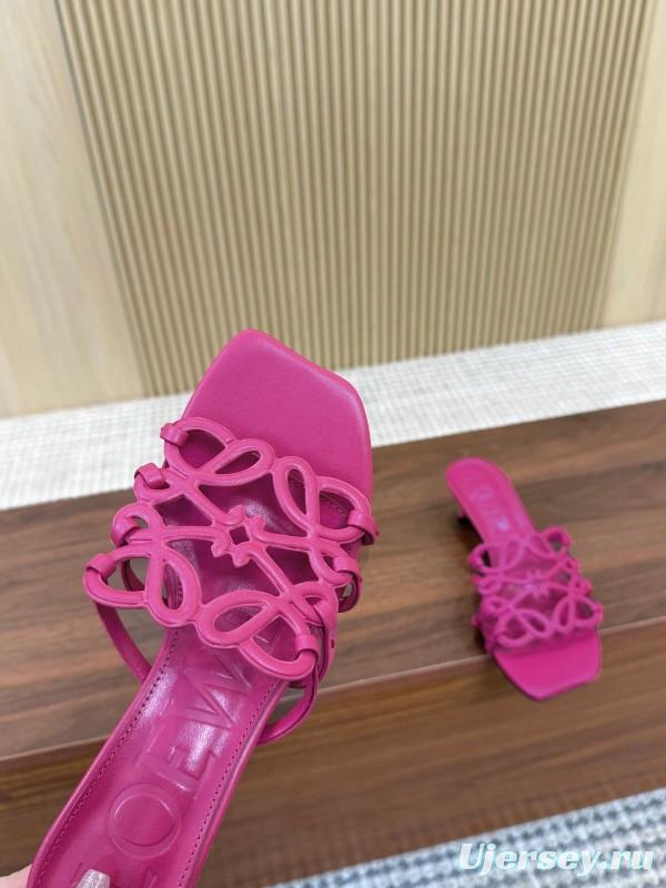 2025 Women Loewe Pink Leather Heeled Sandals LY00210