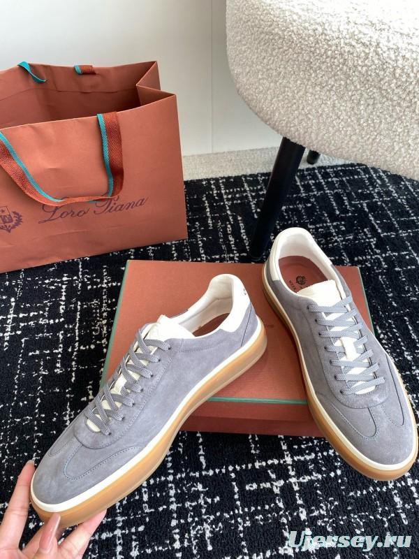 2024 Unisex Loro Piana Grey Suede Calf Leather Trainers MJ00320