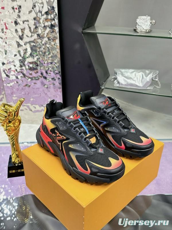 2025 Men Louis Vuitton Black Yellow Orange Mesh Leather Sneakers MJ00420