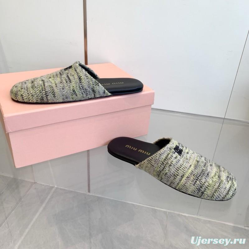 2025 Miu Miu Grey Black Fabric Slippers