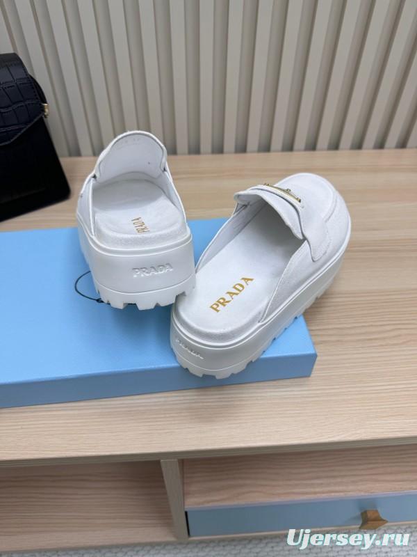 2025 Women Prada White Canvas Platform Loafers