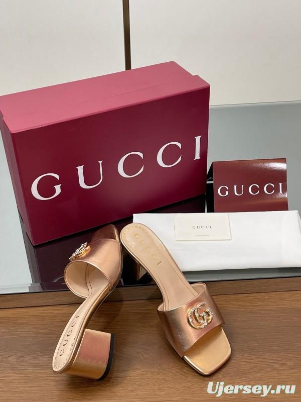 2025 Women Gucci Pink Leather Sandals GG Crystal Buckle LY00280