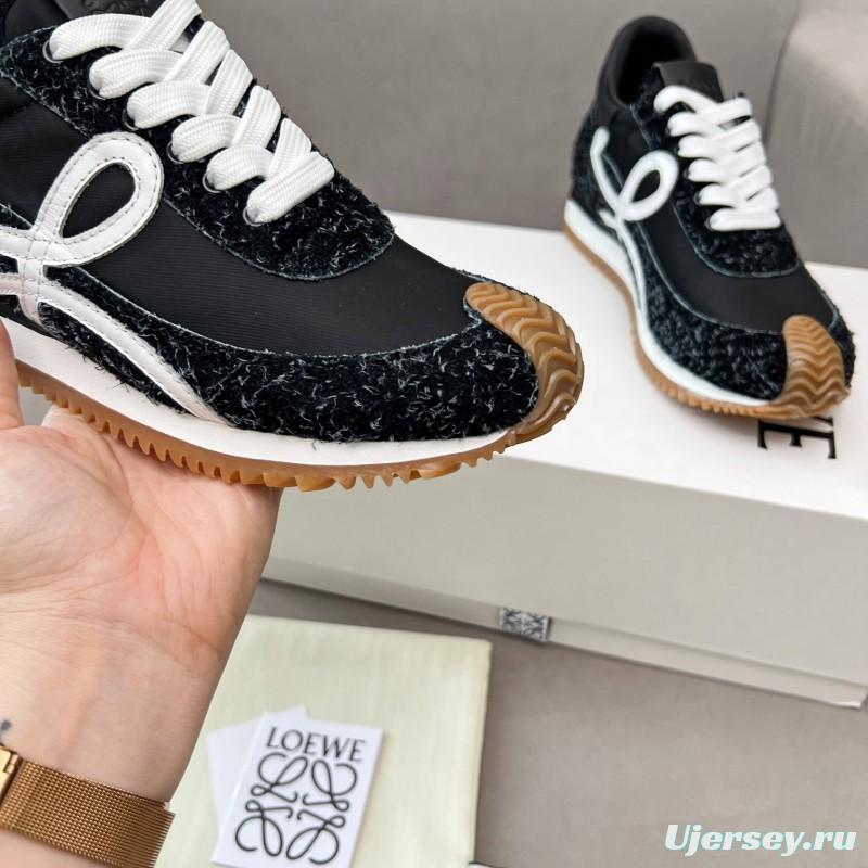2025 Women Loewe Black White Leather Fabric Sneakers