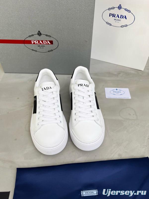 2024 Unisex Prada White Black Silk Calfskin Leather Sneakers MJ00310