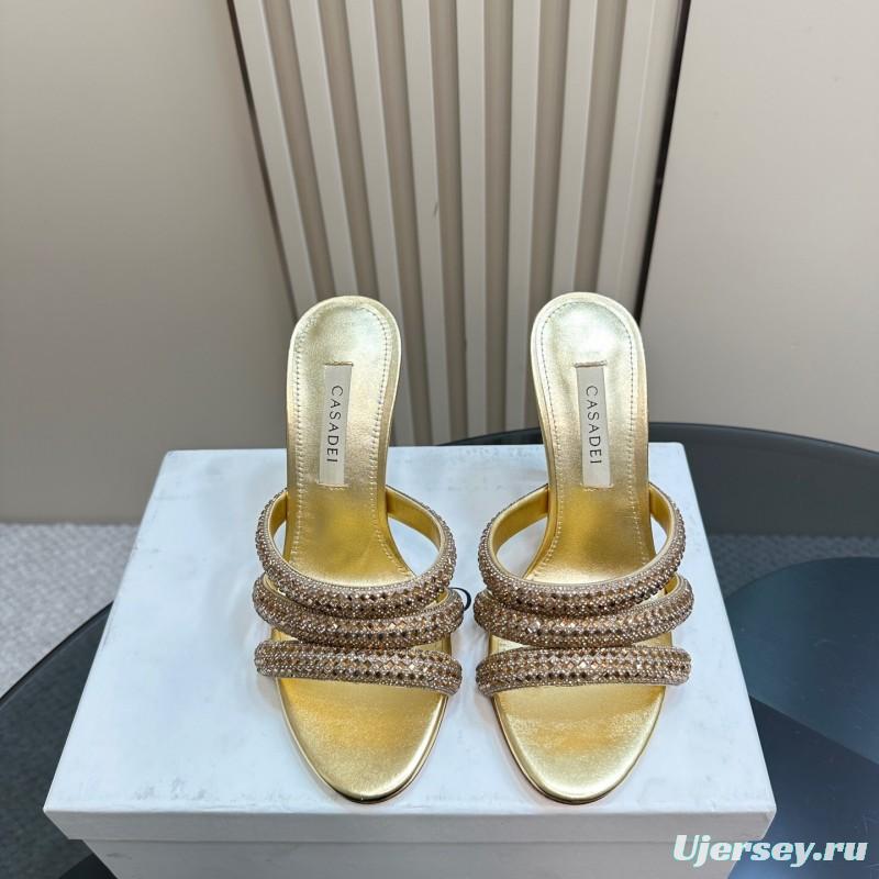 2025 Women Casadei Gold Glitter Leather High Heel Sandals