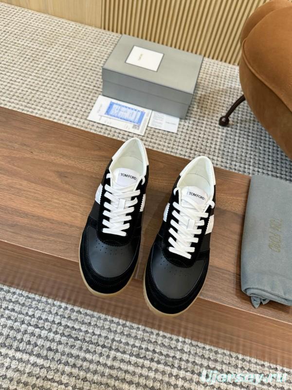2025 Unisex TOM FORD Black White Leather Suede Sneakers Classic Contrasting LY00360